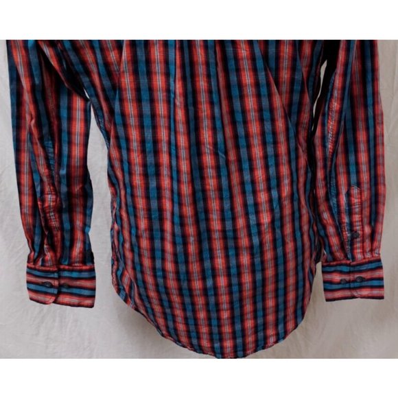 Wrangler Performance Mens Medium Red blue Stripe Long Sleeve Button Logo Shirt - Picture 9 of 11